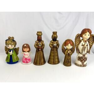 Lot of 6 Vintage Gold Painted Three Wise Men Angels‎ Nativity Chalkware MCM